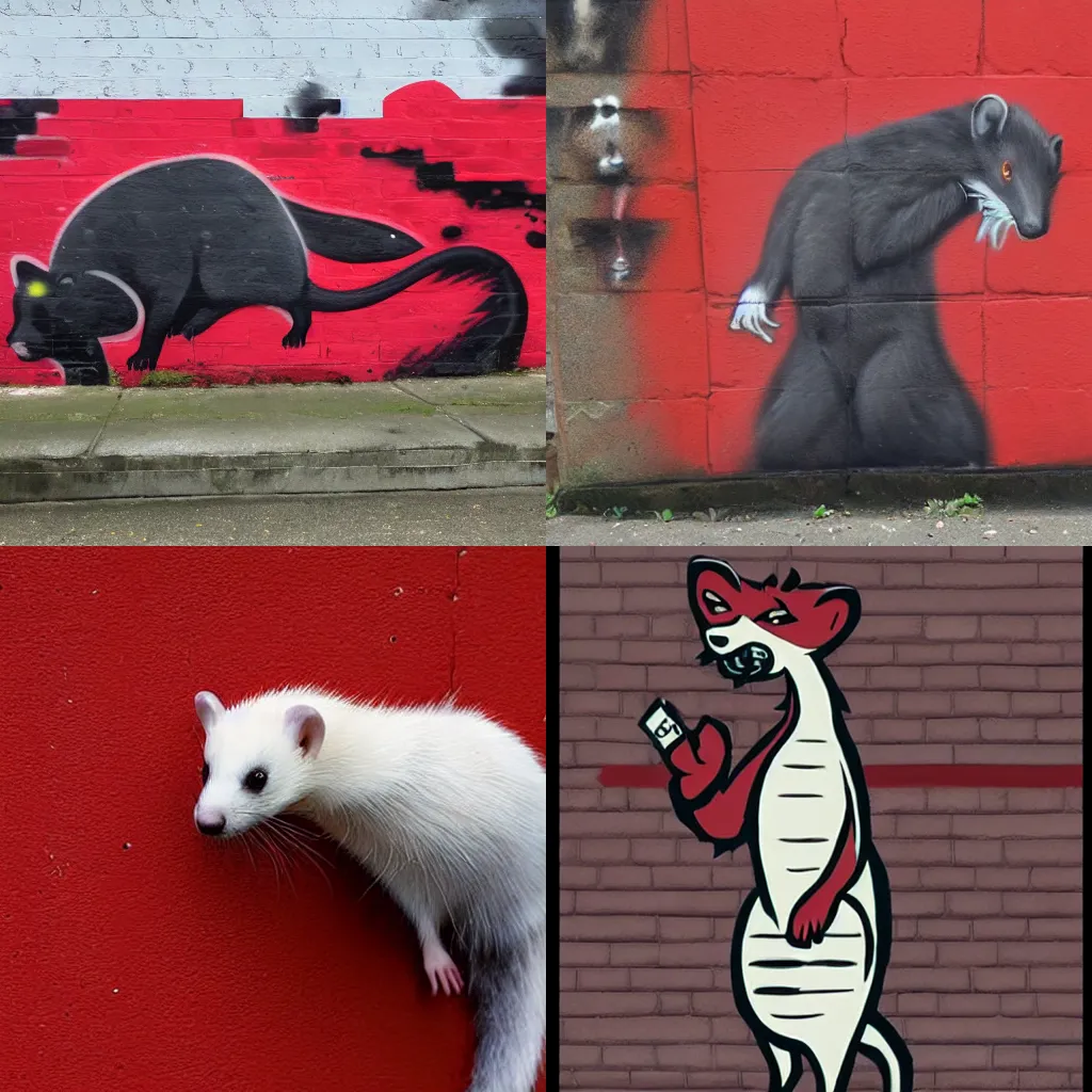 Prompt: [ ( ( red ) ( black ) ( furry ) ( fursona ) ( weasel * ferret * stoat ) ) ] > [ ( smoke * backing ) ] > graffiti > wall