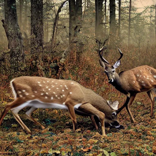 Image similar to deers hunting a hunter, realistic hektachrome, national geographic,