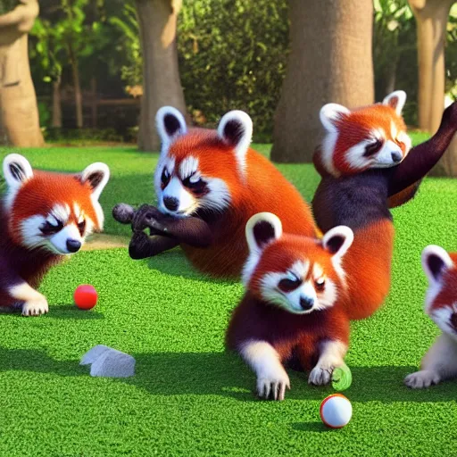 Prompt: very cute friendly happy high energy red pandas at a garden party playing croquet, artwork by mark brooks, 3D render, UE5, 8K, 4K