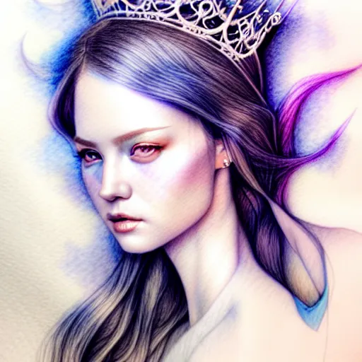Image similar to hyper realistic pencil drawing of a fantasy princess, soft water color, full portrait, detailed, rim light, diffused, intricate, by anna dittmann