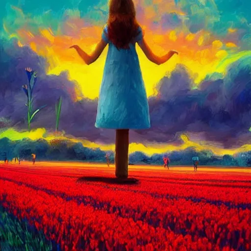 Image similar to girl with singular giant tulip as a head, surreal photography, flower field, sunset dramatic light, impressionist painting, colorful clouds, blue sky, digital painting, artstation, simon stalenhag