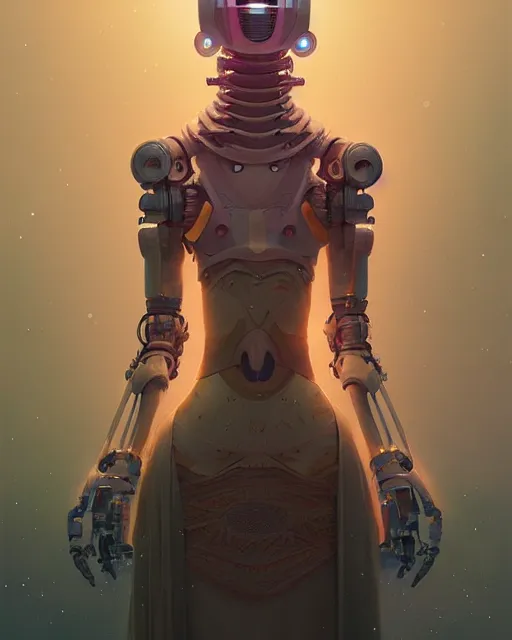 Prompt: highly detailed surreal vfx portrait of a sacred robot, stephen bliss, unreal engine, greg rutkowski, loish, rhads, beeple, makoto shinkai and lois van baarle, ilya kuvshinov, rossdraws, tom bagshaw, alphonse mucha, global illumination, detailed and intricate environment