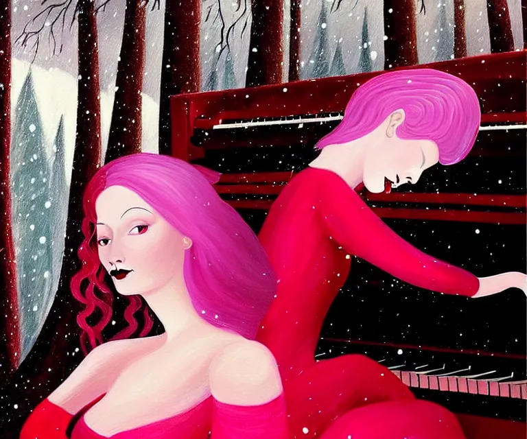 Image similar to a painting of a beautiful face gothic girl, pink hair in a stunning red dress playing a piano in the dark snowy forestby randolph stanley hewton, cg society contest winner, matte painting