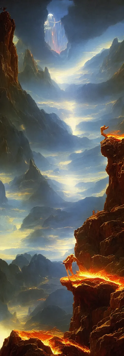 Prompt: Prometheus stealing fire from the Gods on Mount Olympus. In the style of a surreal and awe-inspiring Thomas Cole and Bruce Pennington digital art mural painting. unreal engine, 4k, matte, exquisite detail