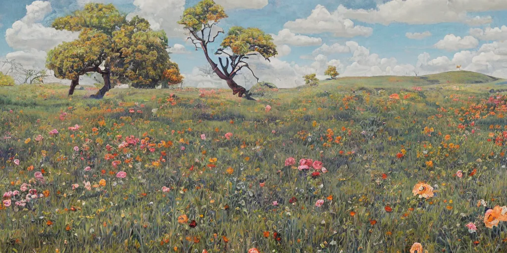 Image similar to landscape painting at noon by james jean and David Schnell painted in no mans land style