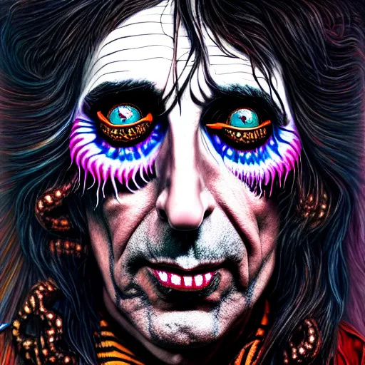 Prompt: An extremely psychedelic portrait of Alice Cooper, surreal, LSD, face, detailed, intricate, elegant, lithe, highly detailed, digital painting, artstation, concept art, smooth, sharp focus, illustration