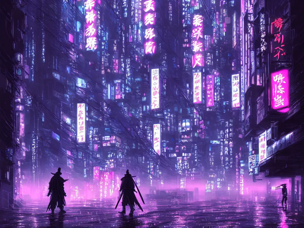 Image similar to high detailed lone samurai in a cyberpunk rainy city at night by Kentaro Miura, purple and pink and blue neons, unreal engine, high quality, 4K, UHD, trending on ArtStation, wires, blade runner vibes, ghost in the shell, akira, dorohedoro