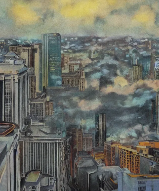 Prompt: horrifying full color photorealistic painting of a 1 9 2 5 hotel terrace overlooking a distored view of downtown boston with a cosmic sky, dark, atmospheric, brooding, smooth, finely detailed, cinematic, epic, in the style of lee gibbons