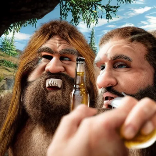 Image similar to caveman getting married drinking a beer in real life, intricate, highly detailed, detailed, hyper realistic, 4 k, 8 k uhd, realistic, great detail