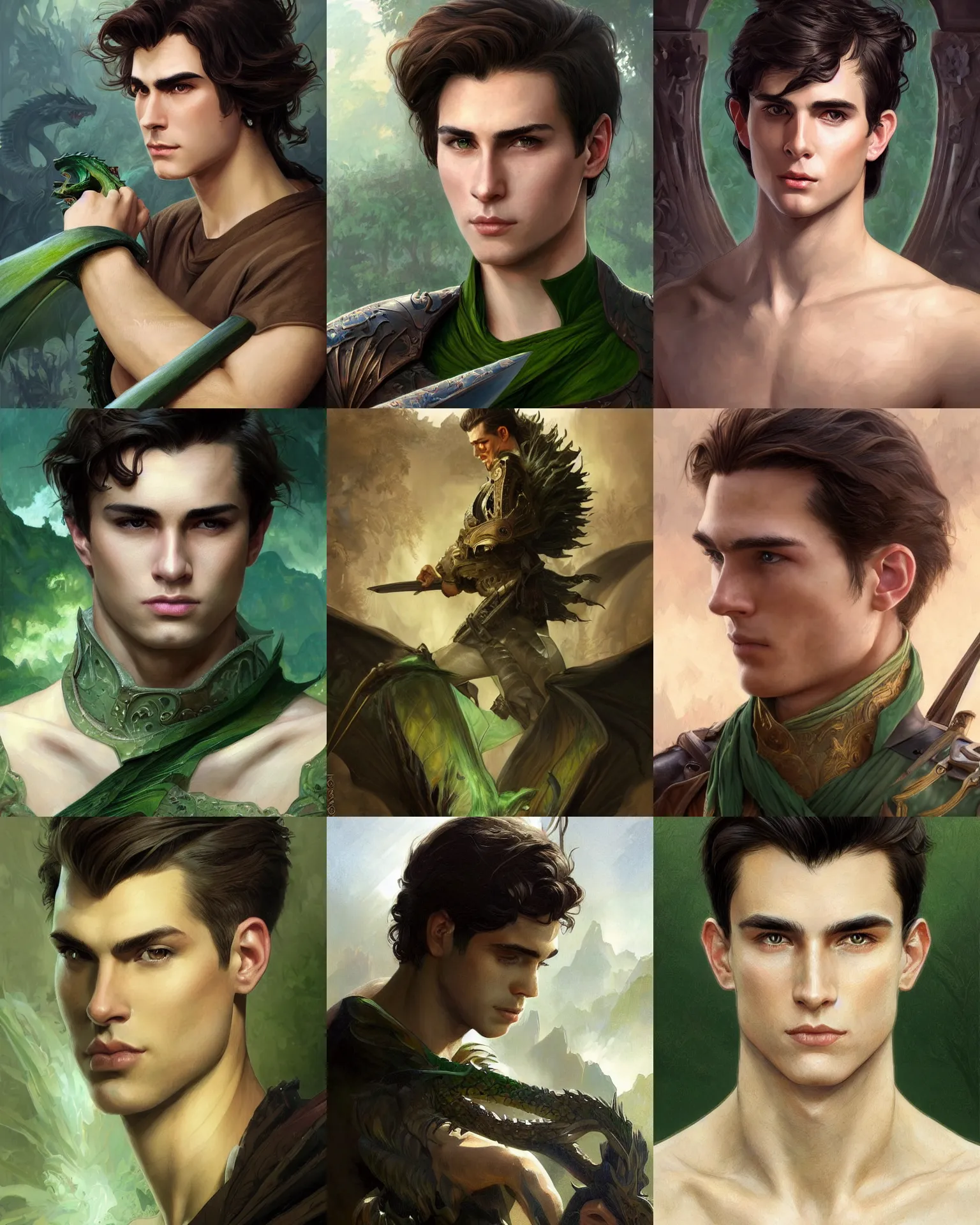 Prompt: a clean shaven determined handsome young man with swept back dark brown hair and green eyes, preparing for battle with a dragon, fantasy, intricate, elegant, highly detailed, digital painting, artstation, concept art, smooth, sharp focus, illustration, art by artgerm and greg rutkowski and alphonse mucha