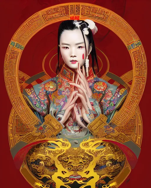 Image similar to portrait of a chinese cyberpunk machine, machine face, upper half portrait, decorated with chinese opera motifs, regal, asian, fine china, wuxia, traditional chinese art intricate intense elegant 京 剧 highly detailed digital painting artstation concept art smooth sharp focus illustration, art by artgerm and greg rutkowski alphonse mucha 8 k