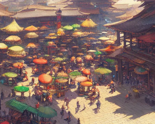 Image similar to colorful, bustling marketplace in a great kitsune city, bamboo, fountain, a fantasy digital painting by Greg Rutkowski and James Gurney, trending on Artstation, highly detailed