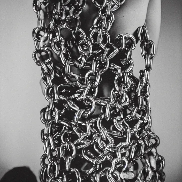 Image similar to a woman tangled up in chains, in a house, by Charlotte Grimm, CANON Eos C300, ƒ1.8, 35mm, 8K, medium-format print