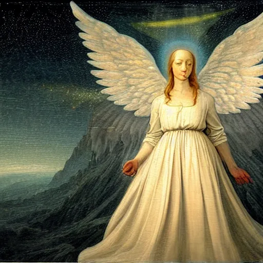 Prompt: renaissance hyper realistic painting of white angel!!! beautiful face, no gender!!!, miracle light coming overhead!!, a lot of stars overhead!!!, fire around the head!, by caspar david friedrich, misty space, sfumato, christianity, holography, glow effect, large strokes, soft shadow and light, highdetailed, white background