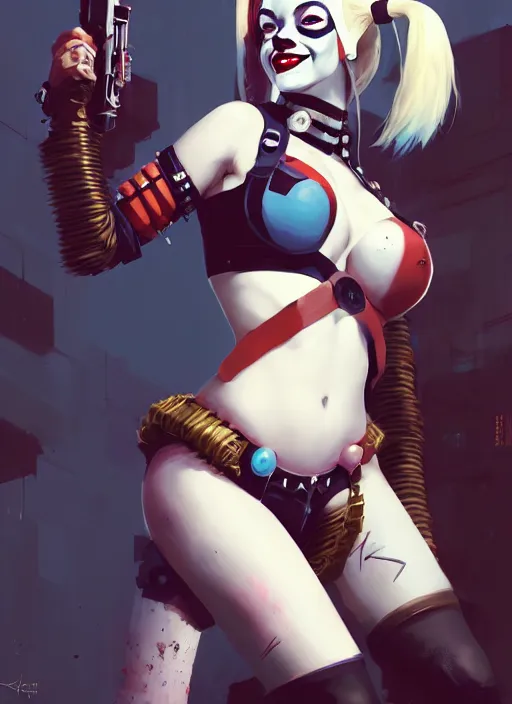 Image similar to portrait of cute harley quinn in cyber bikini armor, warhammer, cyberpunk, by atey ghailan, by greg rutkowski, by greg tocchini, by james gilleard, by joe fenton, by kaethe butcher, by gustav klimt, dynamic lighting, gradient light blue, brown, blonde cream and white color in scheme, grunge aesthetic