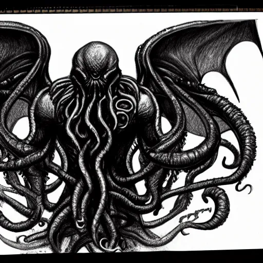 Image similar to a rough pencil sketch of cthulhu rising from a stormy sea highly detailed, dark colors, intricate, 8 k, artstation