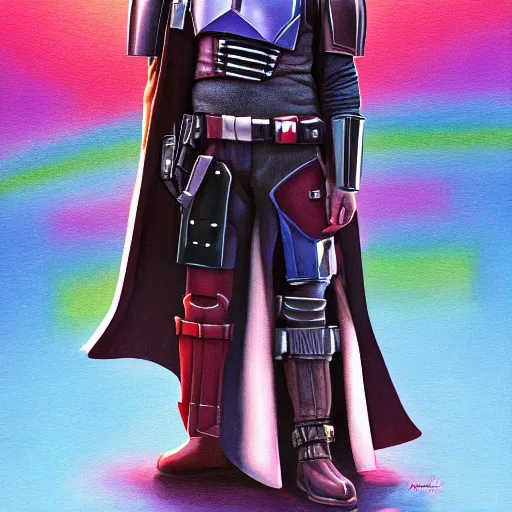 Image similar to the mandalorian's cape is a rainbow pride flag by ilya kuvshinov katsuhiro otomo