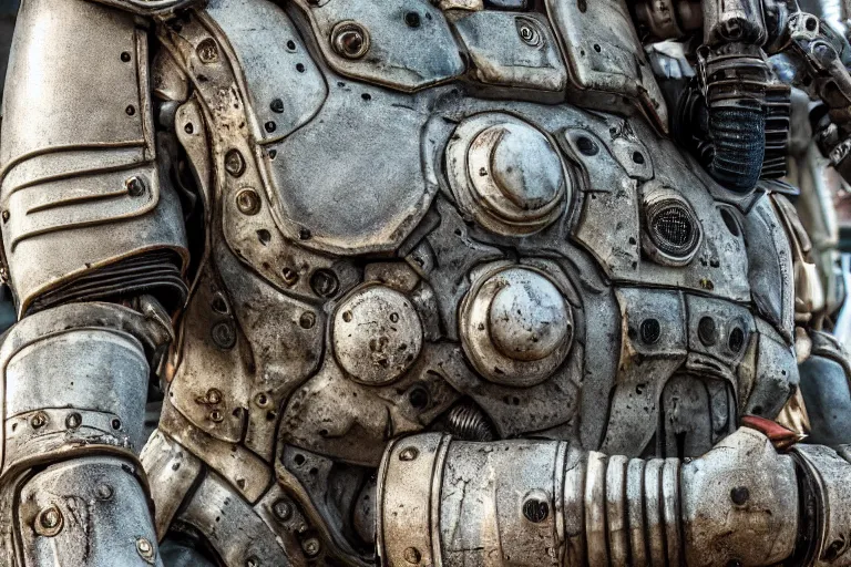 Prompt: low angle wide shot photo taken of an epic intricate, ultra detailed, super realistic gritty, hero prop, exquisitely weathered very clunky, bulky fallout 5 power armour suits movie prop replica's in a row in the workshop, created by weta workshop, full body shot, photorealistic, sharp focus, white wall, cold colour temperture, golden ratio