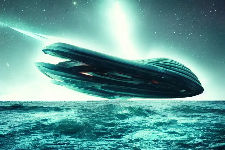 Image similar to enormous spaceship crashing into the sea at night