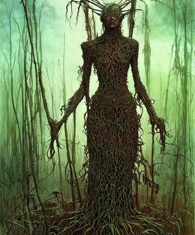 Image similar to a detailed mantiswoman stands among the swamps. wearing a ripped mantle, robe. perfect faces, extremely high details, realistic, fantasy art, solo, masterpiece, art by zdzislaw beksinski, arthur rackham, dariusz zawadzki