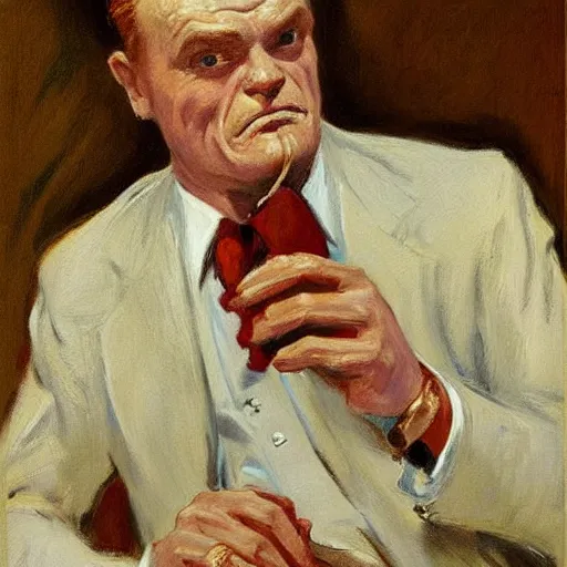 Image similar to A portrait of James Cagney smoking a cigar in a busy hotel lobby, painting by Edward Hopper and John Singer Sargent