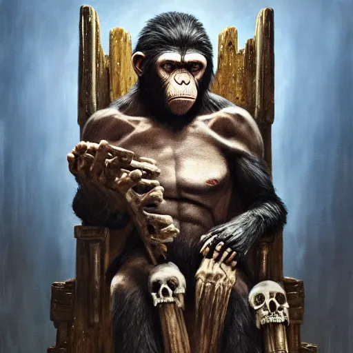 Prompt: koba from planet of the apes sitting on a throne of human bones, hero character art, koba, by chris leib and greg rutkowski in a surreal portrait, oil on canvas, volumetric lighting, 8k, hd.