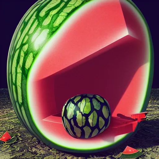 Image similar to Very very very very highly detailed sci-fi Watermelon military machine. Realistic Concept digital art in style of Hiromasa Ogura Gost in the shell, more watermelon , epic dimensional light