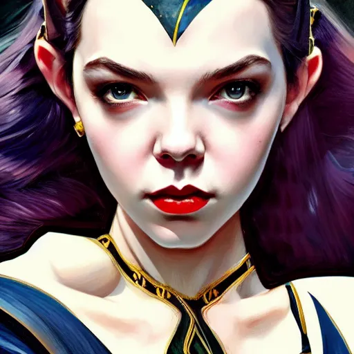 Image similar to beautiful Anya Taylor-Joy as Batgirl, western, closeup, D&D, fantasy, intricate, elegant, highly detailed, digital painting, artstation, concept art, matte, sharp focus, illustration, art by Artgerm and Greg Rutkowski and Alphonse Mucha