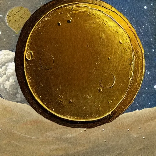 Prompt: a painting of a giant coin landing like a rocket on the surface of the moon