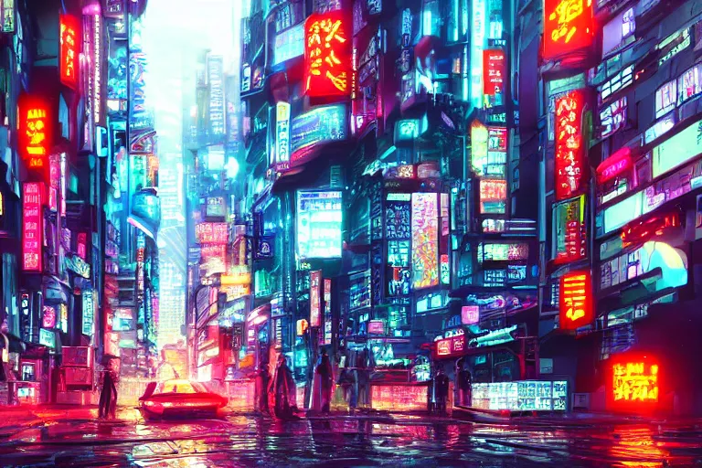 Prompt: cyberpunk Tokyo street after rain, 35mm lens, beautiful panoramic imagery, vibrantly lush neon lighting, beautiful volumetric-lighting-style atmosphere, a futuristic atmosphere, intricate, ultra detailed, photorealistic imagery, trending on artstation, 4k, 8k