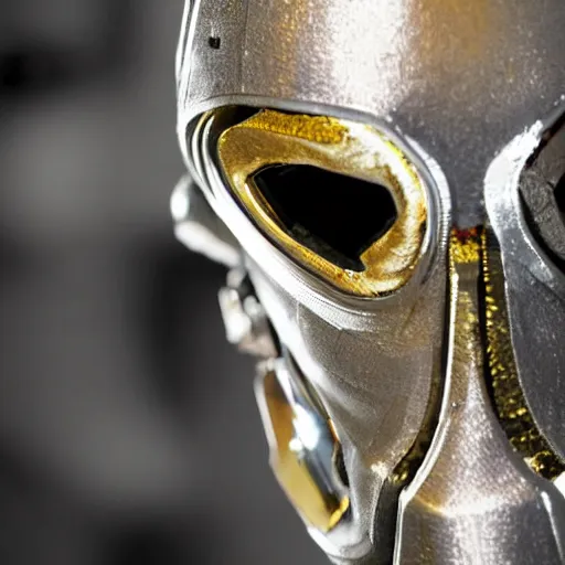 Image similar to close-up of white metallic translucent shattered skin broken mecha humanoid face with gold gas mask, ultra-realistic, ultra-detailed, low-light, at night, humid air, smoke background, glith