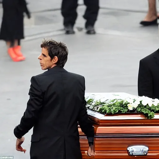Image similar to ben stiller dressed in black, heartbroken at his father's burial, casket being lowered into the ground, a wailing woman in the background