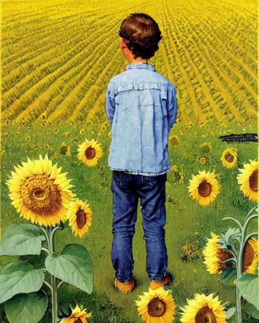 Prompt: boy standing on a hill looking down into the valley of sunflower fields, hills, cliffs, yellow sunflowers flower boy album cover by norman rockwell