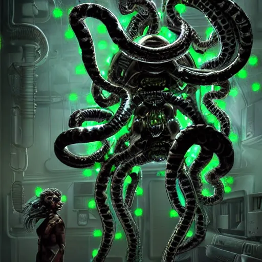 Image similar to the upper torso of a terminator gorgon medusa with borg implants and robotic snakes coming out of her head is hanging from cables and wires off the ceiling of a lab. Tiny green led lights in her cybernetics. She is bolding a cup of coffee. very detailed 8k. Art by nekro. Horror style.