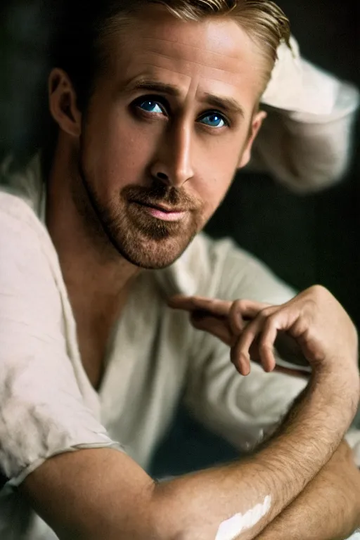 Image similar to ryan gosling fused with a white goose, wings, humanoid, hands, natural light, bloom, detailed face, magazine, press, photo, steve mccurry, david lazar, canon, nikon, focus