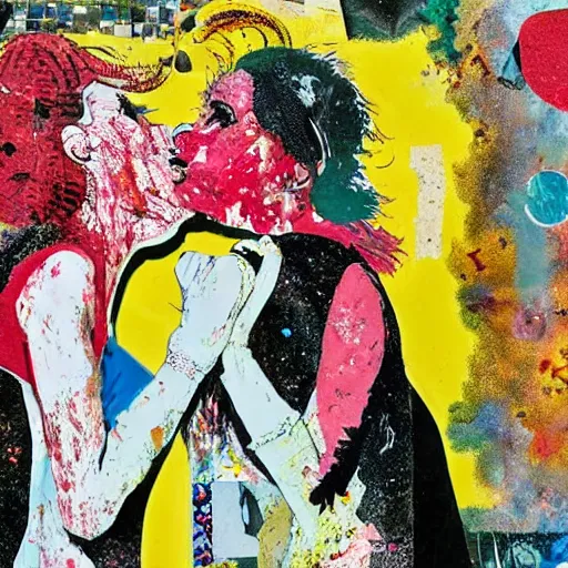 Image similar to two women kissing at a carnival in your worst nightmares, mixed media collage, retro, paper collage, magazine collage, acrylic paint splatters, bauhaus, abstract claymation, layered paper art, sapphic visual poetry expressing the utmost of desires by jackson pollock