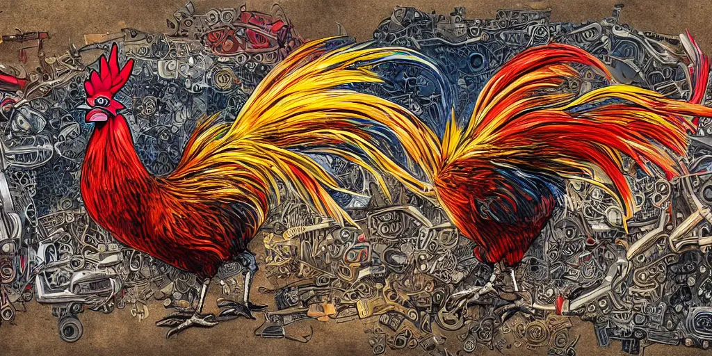 Prompt: colorful illustration of a fighting rooster made of car parts, mix of styles, intricate, highly detailed, dark color scheme, golden ratio