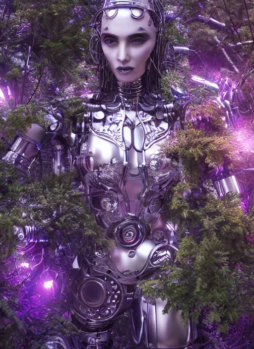 Prompt: beautiful female robot covered by plants and crystals in the mystical forest, beautiful symmetrical face, chrome parts, opal crystals, renaissance style, cyber punk, sci - fi, filigree jewellery, baroque, cinematic light, mystical shadows, 8 k, octane render