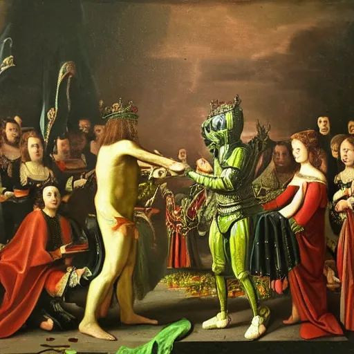 Image similar to 17th century oil painting of a green space alien being crowned king at an extraordinary coronation ceremony, 8k, ultra detailed, ultra intricate,