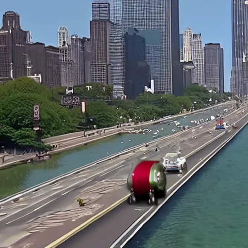 Prompt: live cnn footage of a katamari rolling down chicago's lake shore drive, 4 k screen capture