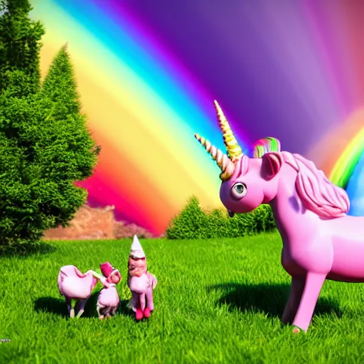 Prompt: a pink gnome riding a rainbow unicorn galloping under a rainbow, 4 k realistic, octane render, award winning