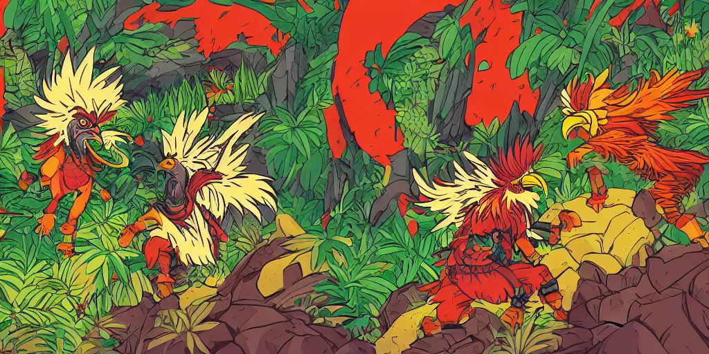 Prompt: colorful illustration of two fully armoured roosters fighting in a dense jungle, mix of styles, angry, aggressive, blood, studio ghibli color scheme