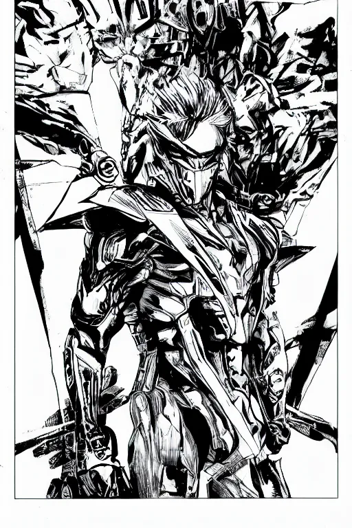 Prompt: raiden from metal gear rising, a page from cyberpunk 2 0 2 0, style of paolo parente, style of mike jackson, adam smasher, johnny silverhand, 1 9 9 0 s comic book style, white background, ink drawing, black and white, colouring pages