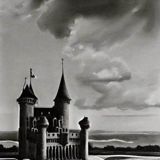 Prompt: by ruth orkin daring oil and canvas. a beautiful conceptual art of a castle in the clouds.