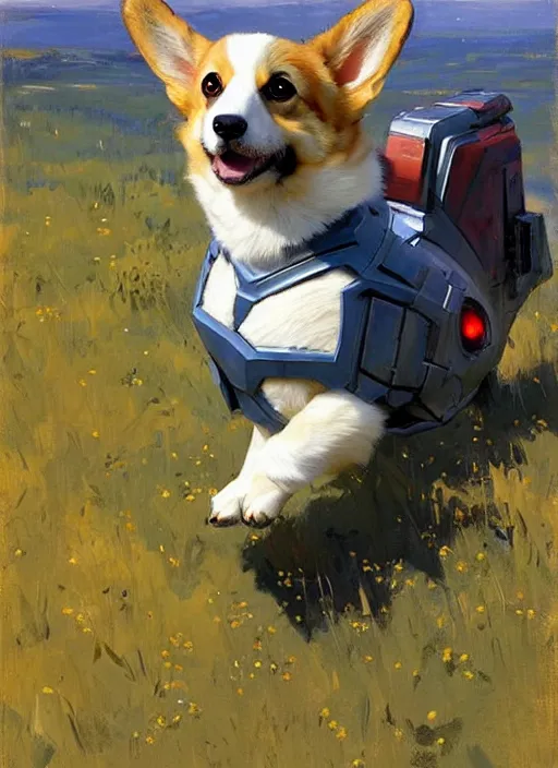 Image similar to Greg Manchess painting of a Corgi wearing Forerunner Armor from Halo, countryside, calm, fantasy character portrait, dynamic pose, above view, sunny day, artwork by Jeremy Lipkin and Giuseppe Dangelico Pino and Michael Garmash and Rob Rey, very coherent asymmetrical artwork, sharp edges, perfect face, simple form, 100mm