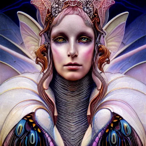 Prompt: beautiful closeup portrait of an art deco faerie queen, glowing eyes. reflective detailed textures, moth wings, highly detailed dark fantasy science fiction painting by tom bagshaw and michael whelan and diego rivera and annie swynnerton and jean delville and moebius and evelyn de morgan and syd mead, elaborate geometric ornament, ancient runes, silver and cool colors. artstation