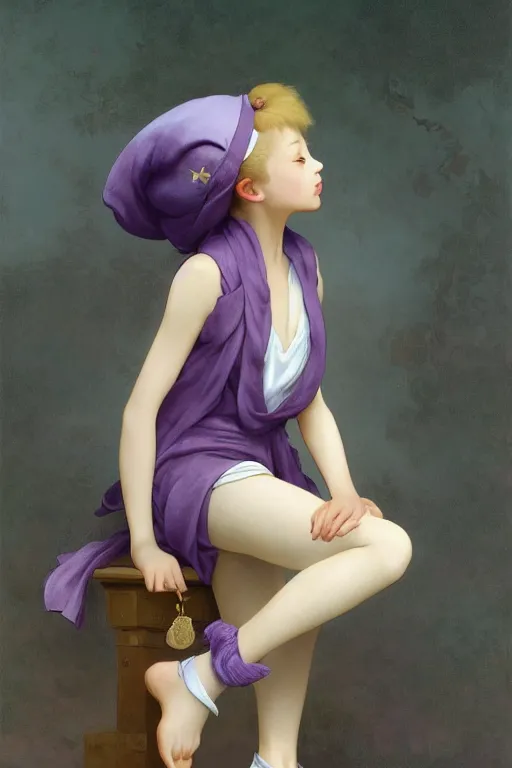 Image similar to Full View girl with short blond hair wearing an oversized purple Beret, Baggy Purple overall shorts, Short Puffy pants made of silk, silk shoes, a big billowy scarf, Golden Ribbon, and white leggings Covered in stars. Short Hair. masterpiece 4k digital illustration by Ruan Jia and Mandy Jurgens and Artgerm and william-adolphe bouguereau, award winning, Artstation, art nouveau aesthetic, Alphonse Mucha background, intricate details, realistic, panoramic view, Hyperdetailed, 8k resolution, intricate art nouveau