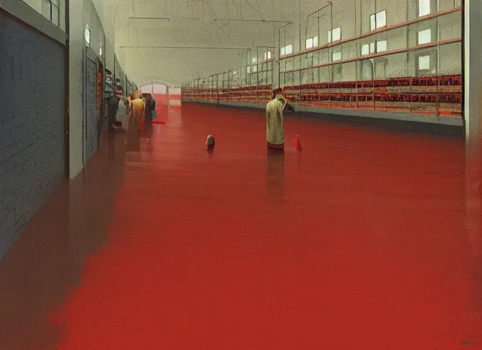 Image similar to flooded floor inside Amazon fulfillment center, people stacked on shelves in red plastic bags, flooded Edward Hopper and James Gilleard, Zdzislaw Beksinski, highly detailed