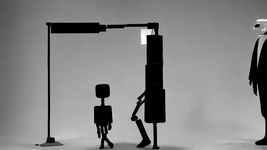 Image similar to movie scene of a man and a robot having a moment of jealousy, movie still, cinematic composition, cinematic light, by david lynch and alejandro jodoroswky