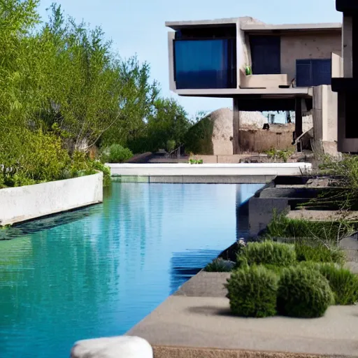 Image similar to habitat 6 7 in the desert, biophilia mood, pool, garden, highly detailed, cinematic, photorealistic,